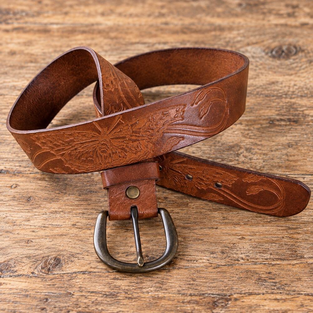 Vintage Fossil Butterfly Leather Belt L Brass Buckle